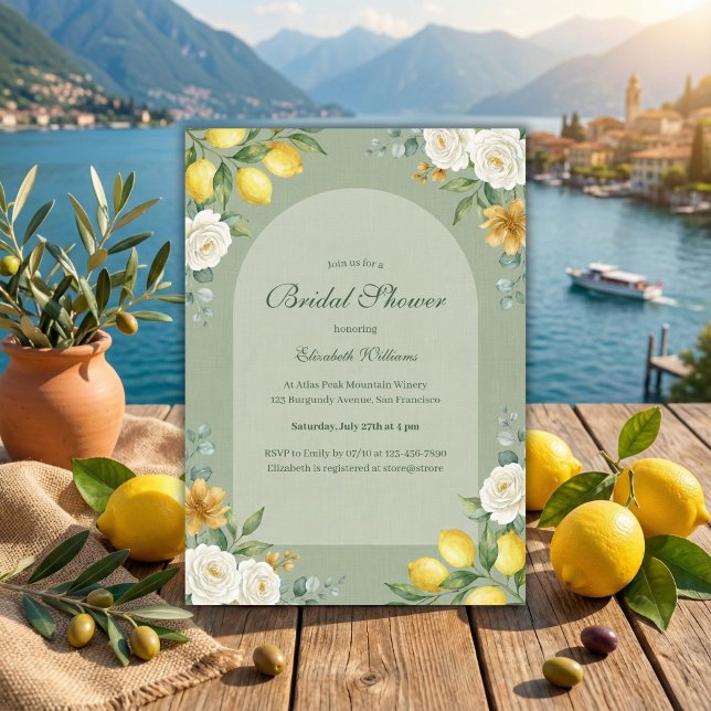 Invitación Italian Citrus Sage Green Bridal Shower (Sage Green Bridal Shower – Lemons, White Roses & Eucalyptus, Arch, Personalized)