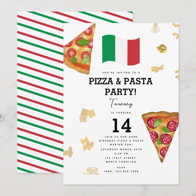 Invitación Italian Food Pizza & Pasta Making Birthday Party (Anverso / Reverso)