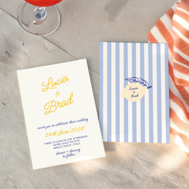Invitación Italian Hand Written Yellow & Blue Stripes Wedding (Italian Hand Written Yellow & Blue Stripes Wedding Invitation)
