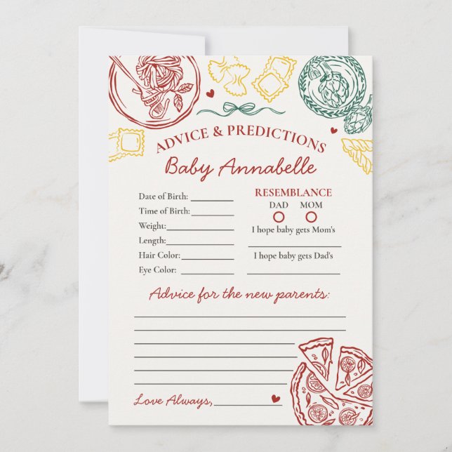 Invitación Italian Pasta Advice for Baby Shower Card (Anverso)