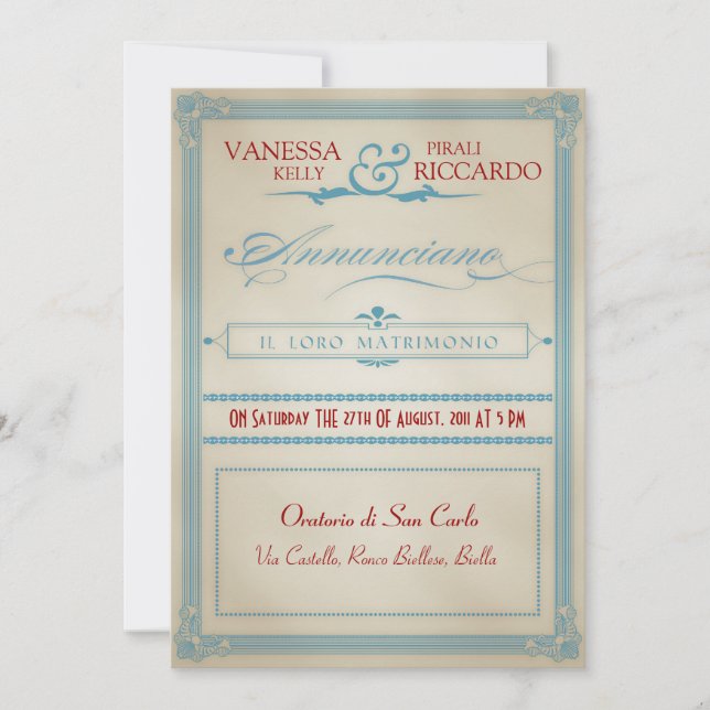 Invitación italiana a la boda blanca y azul-roja (Anverso)