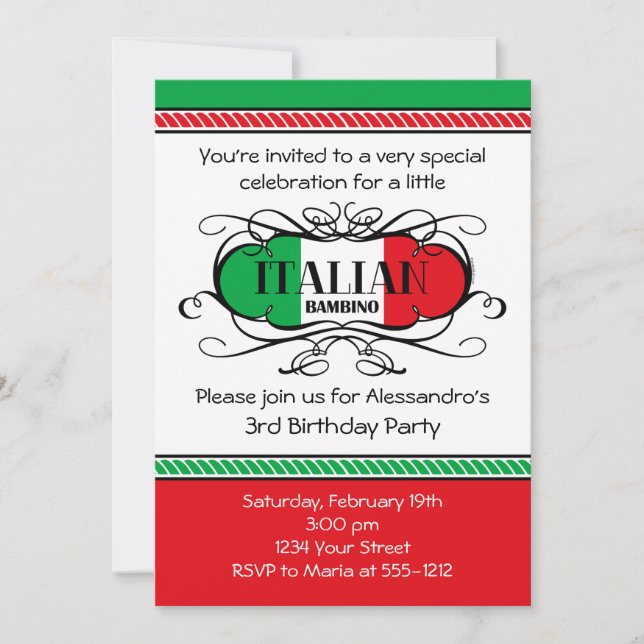 Invitación italiana de la fiesta de cumpleaños del (Anverso)