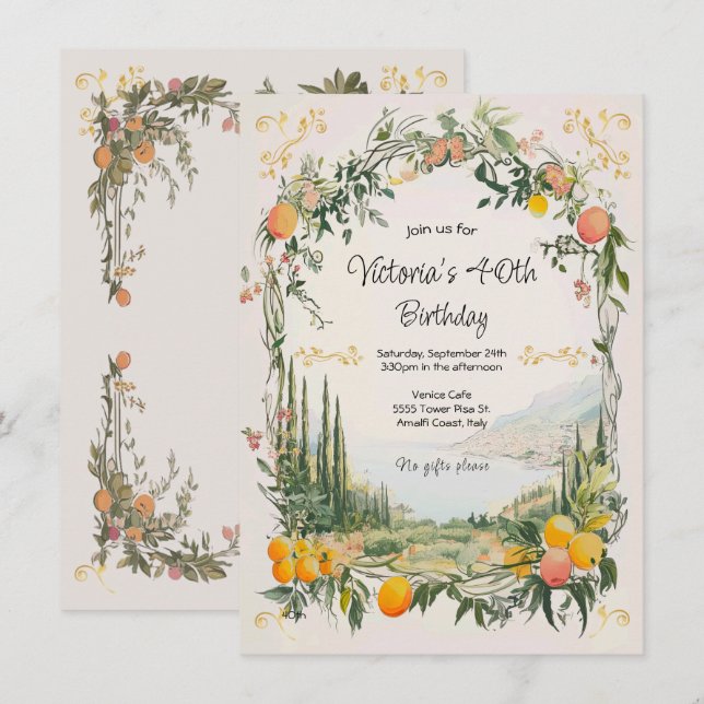 Invitación Italiano Amalfi Coastal Lemon floral Cumpleaños (Anverso / Reverso)