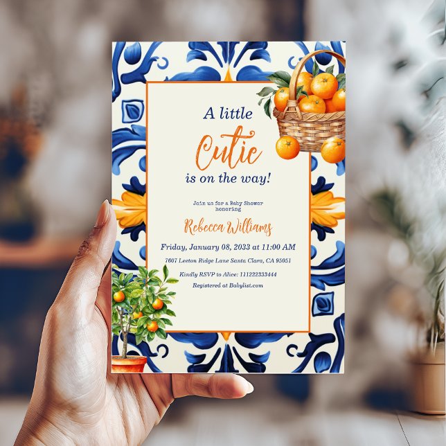 Invitación Italiano Blue Tile Cutie Naranja Citrus Baby Showe (Subido por el creador)