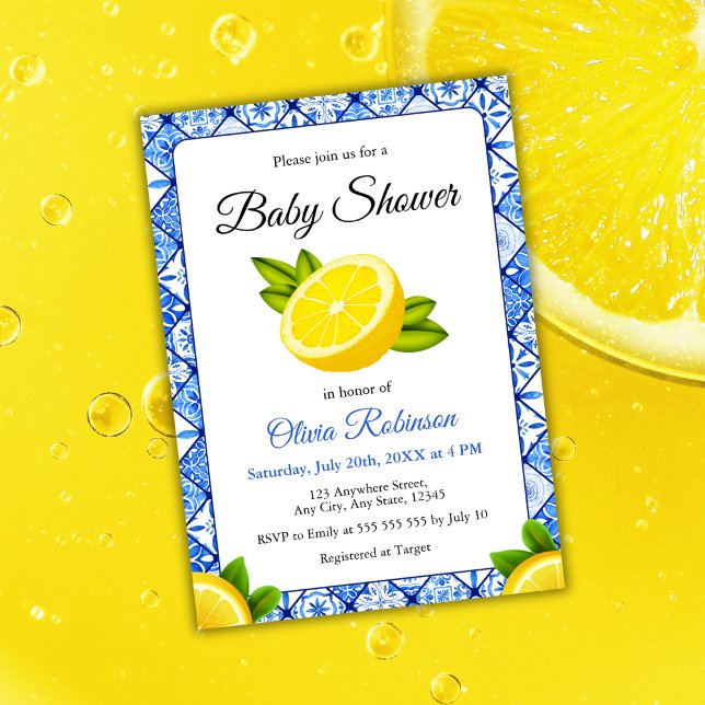 Invitación Italiano Blue Tile Positano Lemon Baby Shower (Italian Blue Tile Positano Lemon Baby Shower Invitation )