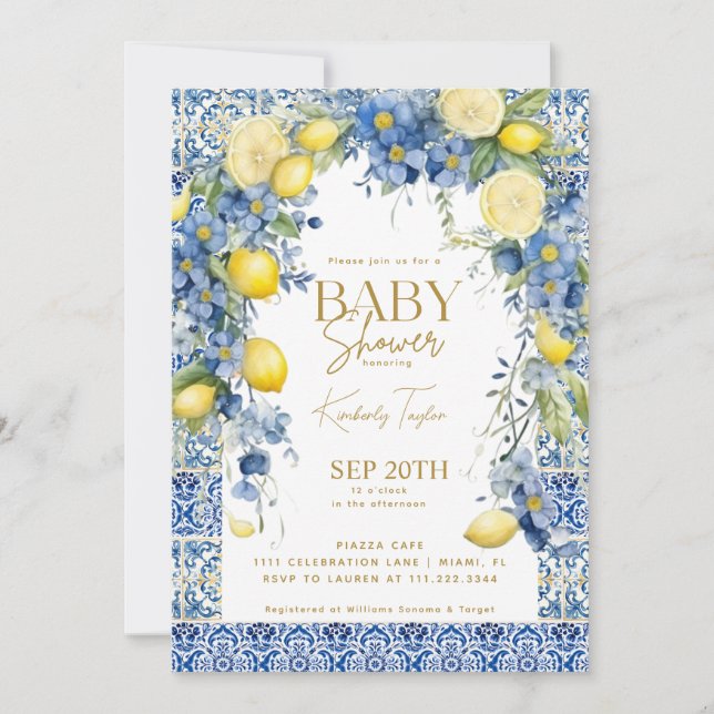 Invitación Italiano Lemon Blue Tiles Italia Baby Shower (Anverso)