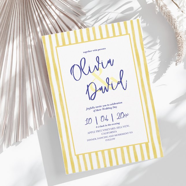 Invitación Italy Citrus Yellow Pinstripe Hand Written Wedding (Subido por el creador)
