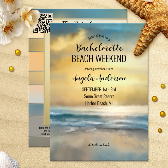 Invitación Itineraria Bachelorette Beach Weekend (Bachelorette weekend getaway itinerary template invitation featuring a painting of a beach at sunset)