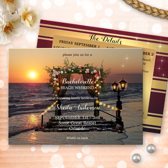Invitación Itineraria Bachelorette Beach Weekend (bachelorette weekend getaway itinerary template invitation showing a lovely rose arbor on the beach)