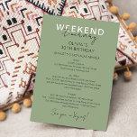 Invitación Itineraria Sage Green Weekend Birthday<br><div class="desc">Escala cronológica del fin de semana de la caligrafía verde sage moderna. El diseño presenta un elegante diseño de texto de estilo moderno. Para realizar cambios avanzados,  seleccione la opción "Hacer clic para más personalizares" en Personalizar esta plantilla.</div>