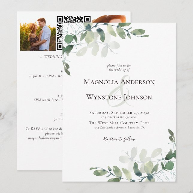 Invitación Itinerario Boda fotográfico Eucalyptus QR Code (Anverso / Reverso)