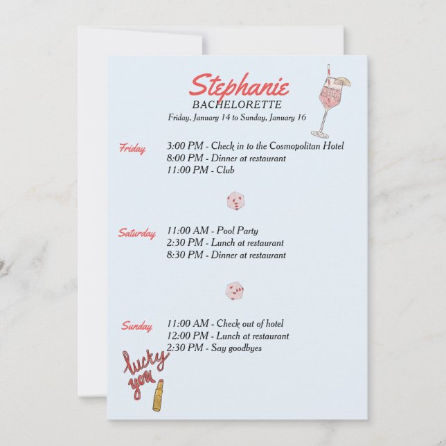 Invitación Itinerario de Bachelorette de Las Vegas (Anverso)