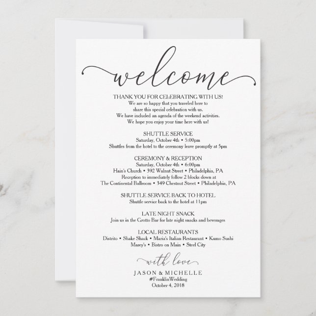 Invitación Itinerario de Boda con Letra Real - Bienvenida de  (Anverso)