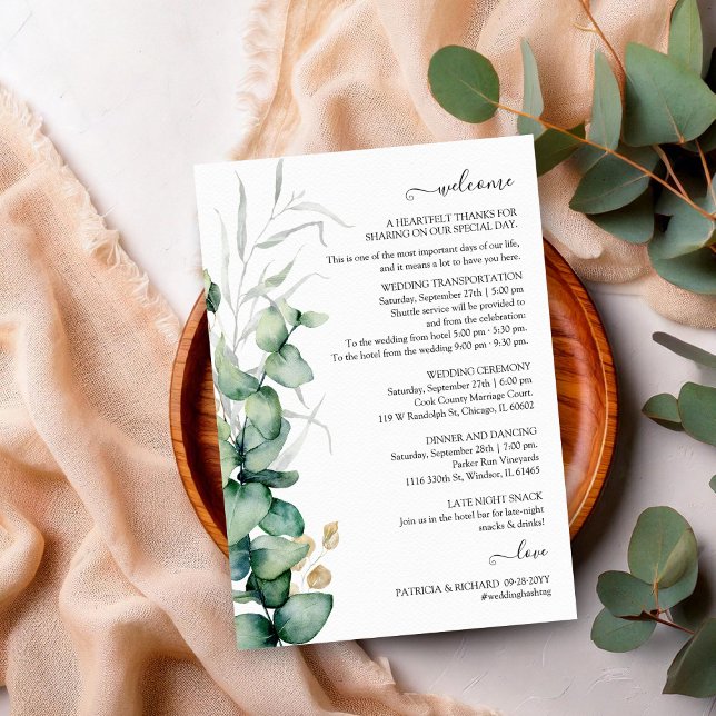 Invitación Itinerario de Boda y Bienvenida con Verde de Eucal (Subido por el creador)