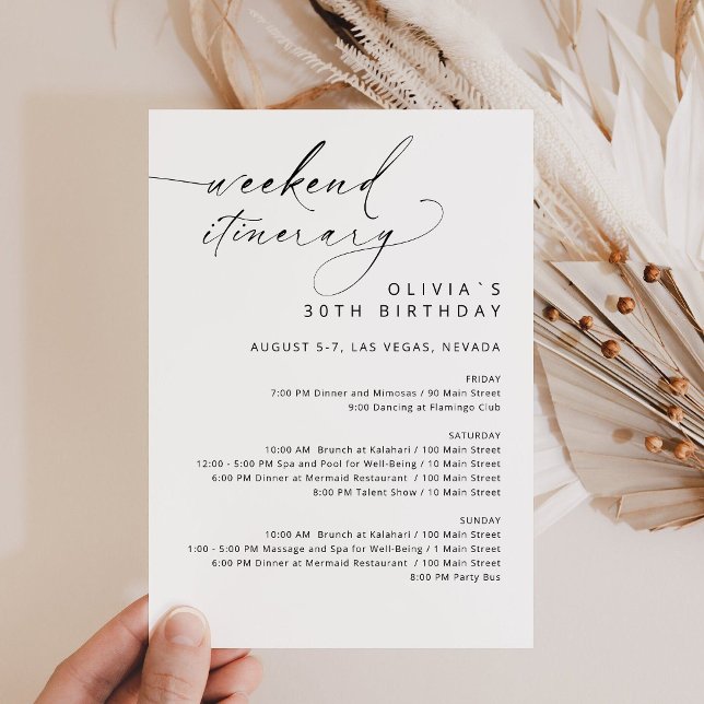 Invitación Itinerario de cumpleaños de fin de semana de oro f (Birthday Bridal Shower Weekend Itinerary Card)