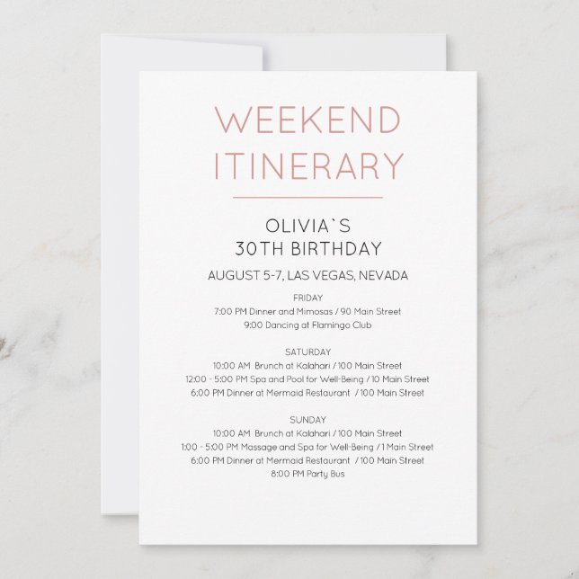 Invitación Itinerario de cumpleaños de fin de semana elegante (Anverso)