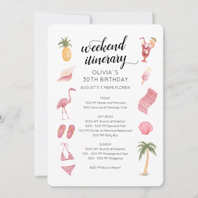 Invitación Itinerario de cumpleaños de fin de semana en la pl (Anverso)