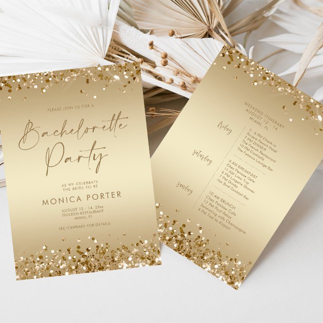 Invitación Itinerario de Despedida de Soltera Dorada, Fin de  (Gold Bachelorette Party Itinerary, Hen Weekend Invitation)