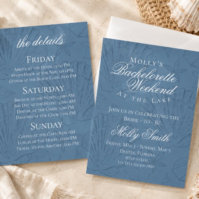 Invitación Itinerario de Despedida de Soltera en la Playa de  (Coastal Seashell Beach Bachelorette Itinerary Invitation)