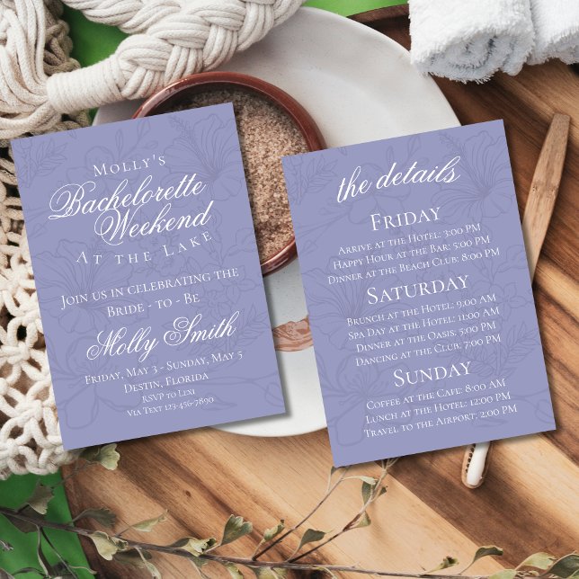 Invitación Itinerario de Despedida de Soltera Floral Lila (Bachelorette itinerary invite with modern font – perfect for engagement or bridal celebrations!)