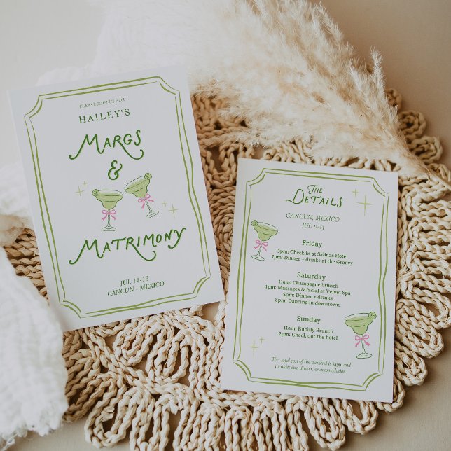 Invitación Itinerario de Despedida de Soltera Margs & Matrimo (Margs & Matrimony Bachelorette Invitation – Margarita Theme Party Invite, Fun Bridal Shower Invite, )