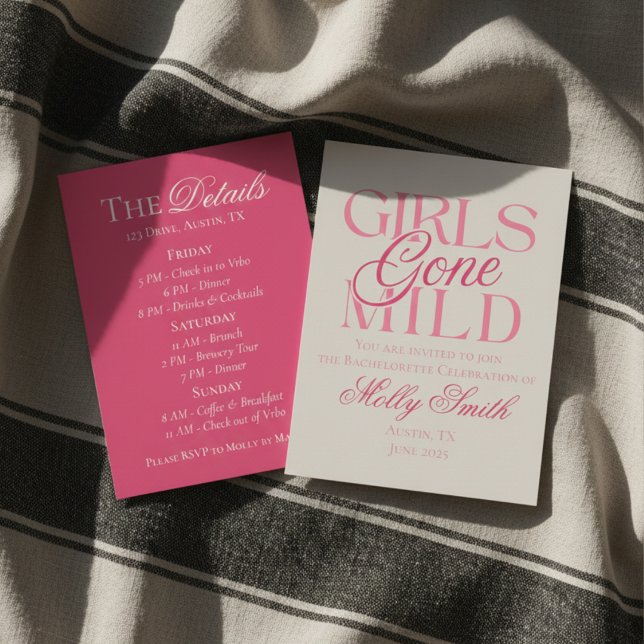 Invitación Itinerario de Despedida de Soltera Rosa Chicas Mod (Girls Gone Mild invite with modern serif font – perfect for engagement or bridal celebrations!)