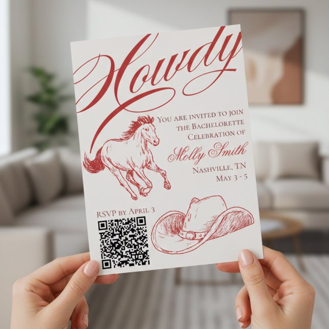 Invitación Itinerario de Despedida de Soltera Western Rojo Il (Illustrated Western Red Bachelorette Itinerary Invitation)