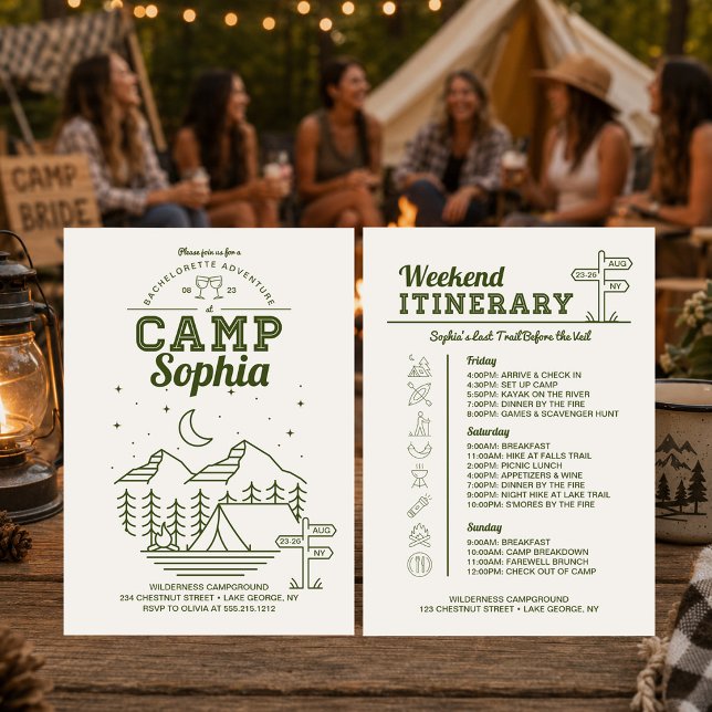 Invitación Itinerario de fiesta de soltera en camping (Subido por el creador)