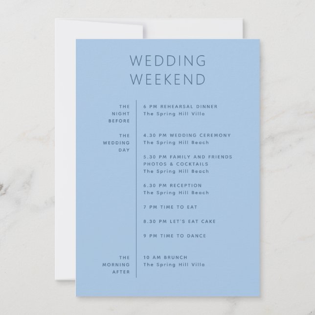 Invitación Itinerario de fin de semana de boda costera con ci (Reverso)