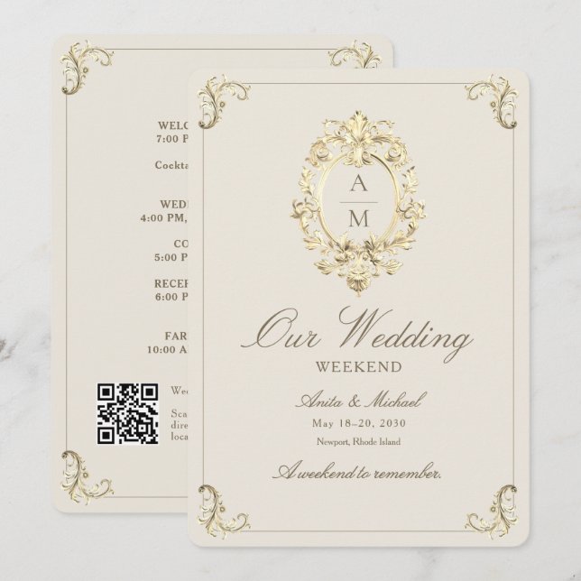 Invitación Itinerario de fin de semana de boda de oro barroco (Anverso / Reverso)