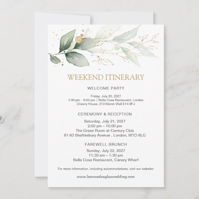 Invitación Itinerario de fin de semana de boda verde y dorado (Anverso)