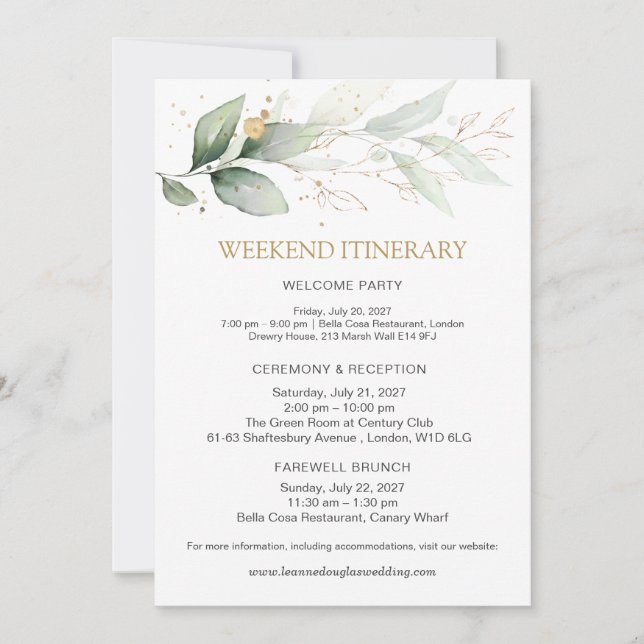 Invitación Itinerario de fin de semana de Boda verde y oro (Anverso)