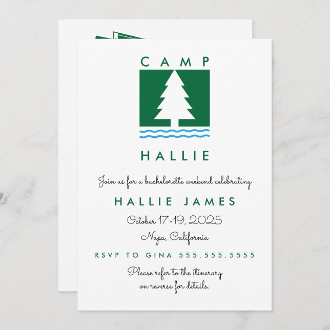 Invitación Itinerario de fin de semana de Camp Bachelorette B (Anverso / Reverso)