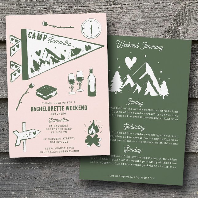 Invitación Itinerario de fin de semana de camping para desped (Camp Bachelorette Party Camping Weekend Itinerary Invitation)