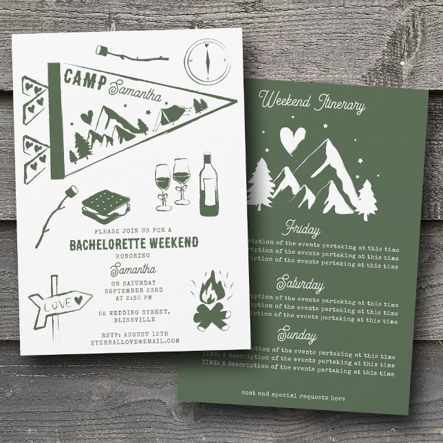 Invitación Itinerario de fin de semana de camping para desped (Camp Bachelorette Party Camping Weekend Itinerary Invitation)
