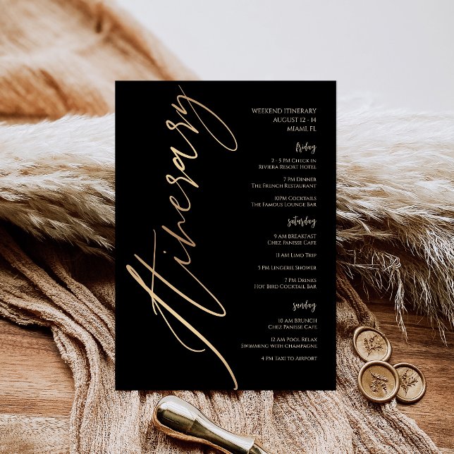 Invitación Itinerario de fin de semana de cumpleaños con pape (Black Gold Foil Birthday Weekend Itinerary Invitation)