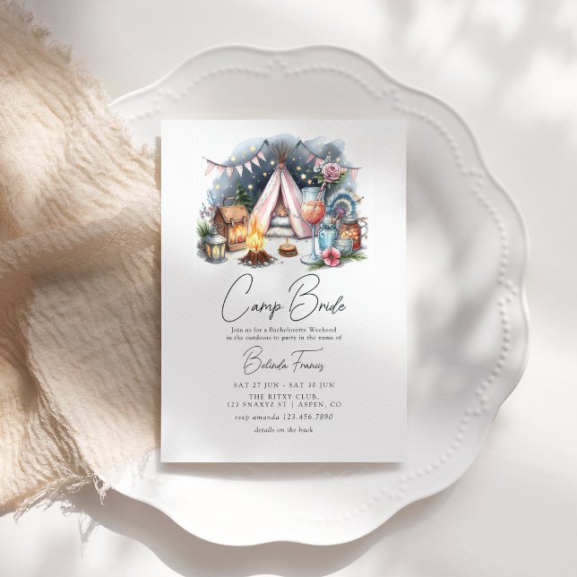 Invitación Itinerario de fin de semana de despedida de solter (Chic Camp Bride Bachelorette Weekend Itinerary Invitation)