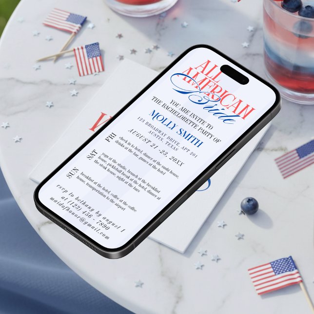 Invitación Itinerario de fin de semana de despedida de solter (All American Bride Bachelorette Weekend Itinerary Invitation)