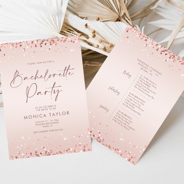 Invitación Itinerario de fin de semana de despedida de solter (Rose Gold Bachelorette Weekend Itinerary Schedule Invitation)