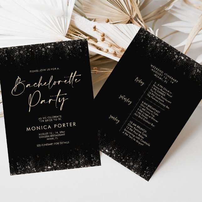 Invitación Itinerario de fin de semana de despedida de solter (Black Gold Bachelorette Weekend Itinerary Schedule Invitation)