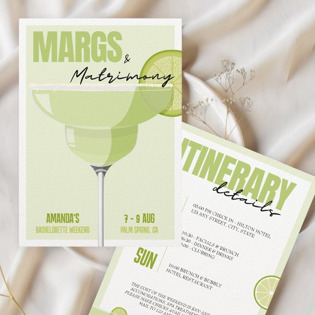 Invitación itinerario de fin de semana de la Bachelorette Mar (Margs & Matrimony bachelorette weekend invitation)