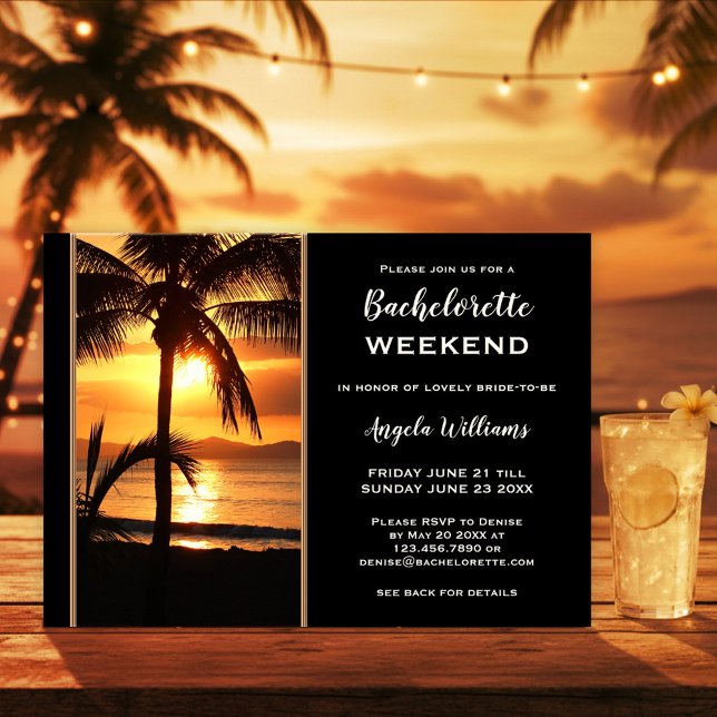 Invitación Itinerario de fin de semana de soltera en la playa (Beach bachelorette weekend itinerary template featuring a sunset at a tropical beach with palm trees)