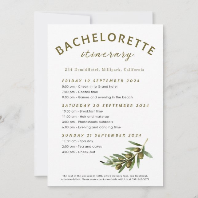 Invitación itinerario de la Bachelorette de Olivas (Anverso)