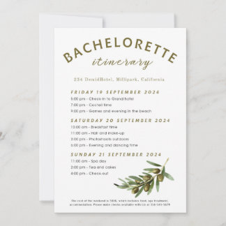 Invitación itinerario de la Bachelorette de Olivas