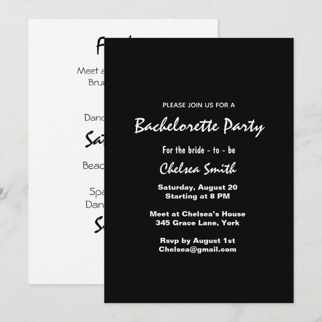 Invitación Itinerario de la moderna Bachelorette Negra y Blan (Anverso / Reverso)