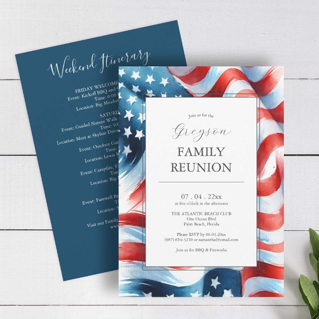 Invitación Itinerario de la Reunión Patriótica Moderna (American flag family reunion invitations red white and blue with weekend itinerary)