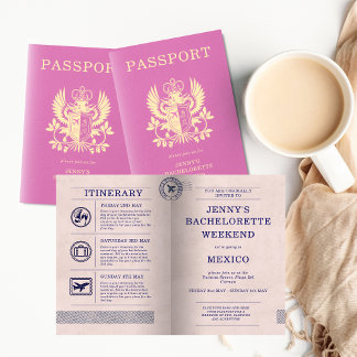 Invitación Itinerario de pasaporte rosa para despedida de sol