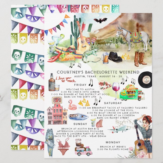 Invitación Itinerario de Soltera | Austin, Texas Fiesta (Anverso / Reverso)