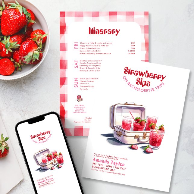 Invitación Itinerario de Soltera de Fresa Viaje de Fin de Sem (Strawberry Bachelorette Weekend trip Invitation and itinerary. Pink red vintage cocktail watercolor )