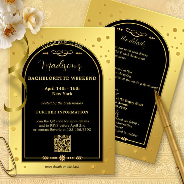 Invitación Itinerario del fin de semana de la bachillerato ne (Bachelorette weekend getaway invitation program template with a gold black confetti sparkles design)